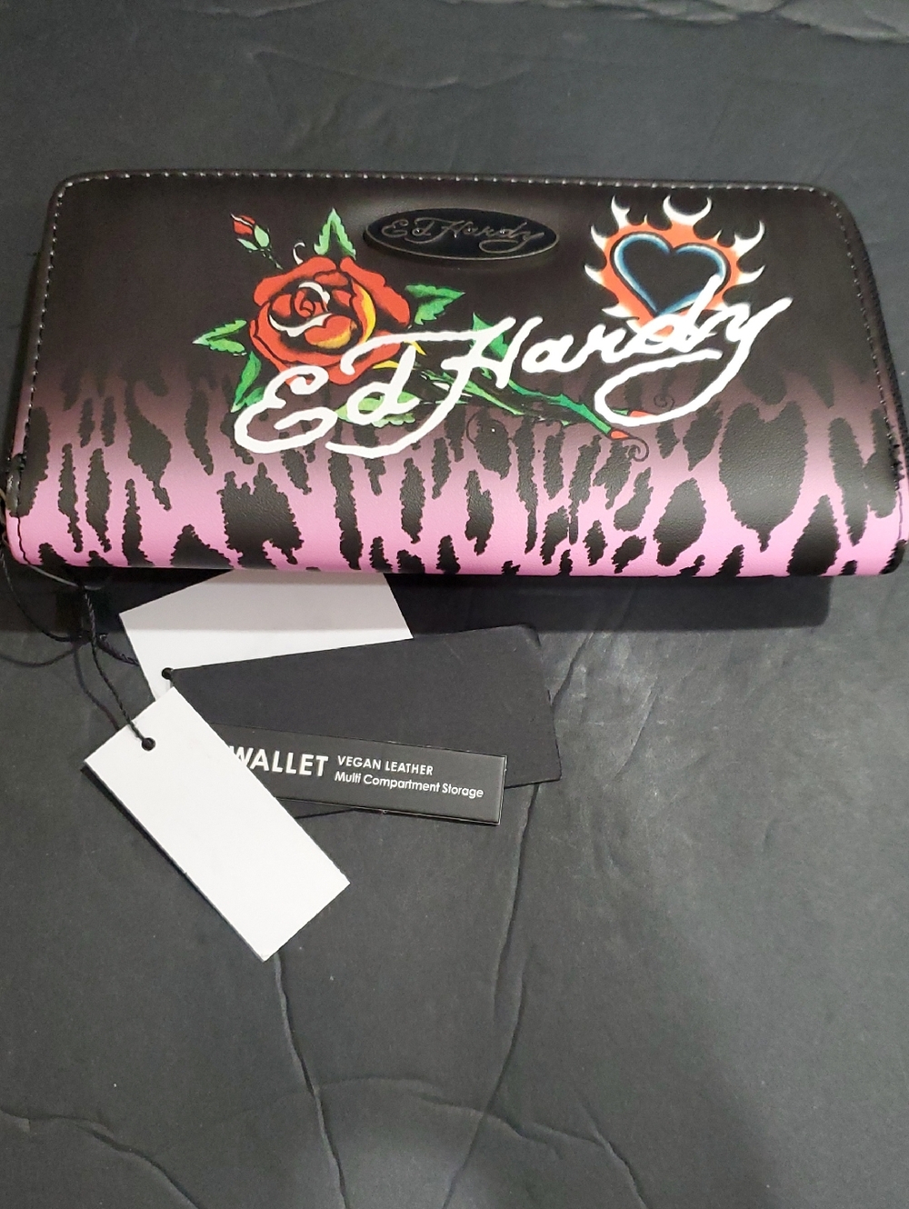 Ed Hardy black and pink animal print fade effect long wallet wristlet‎ brand new